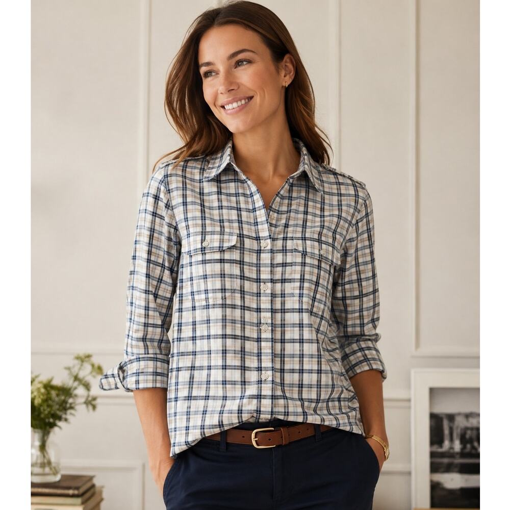 Brooks Brothers Red Fleece Plaid Cotton Shirt Women's 12 Preppy Epaulets